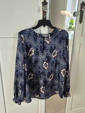 Ted Baker Blue Floral Keyhole Neckline Long Sleeve Blouse XL